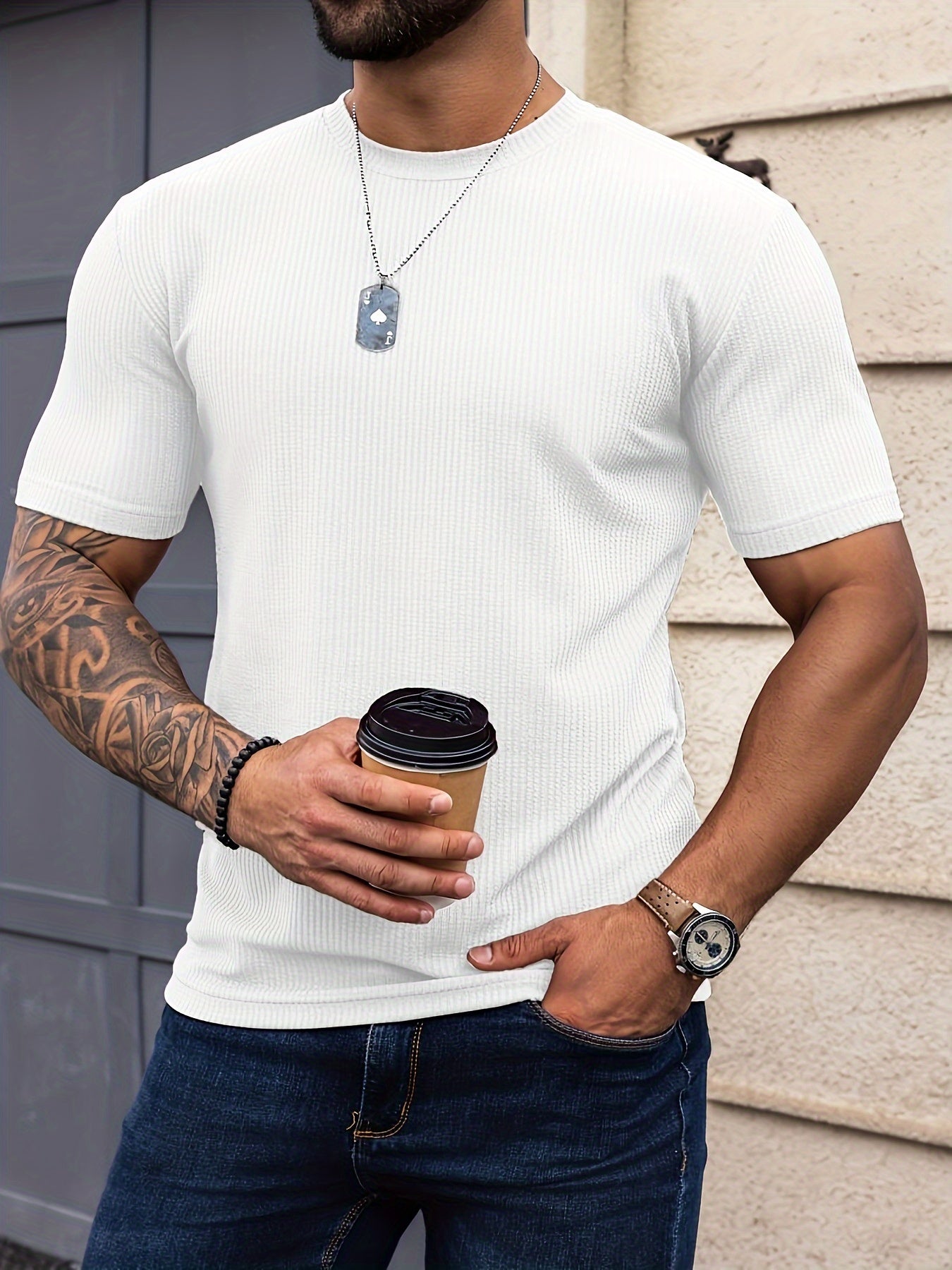 Camiseta * Listrada Sólida Masculina, Confortável De Manga Curta E Gola Redonda, Roupa Masculina Para O Verão Ao Ar Livre
