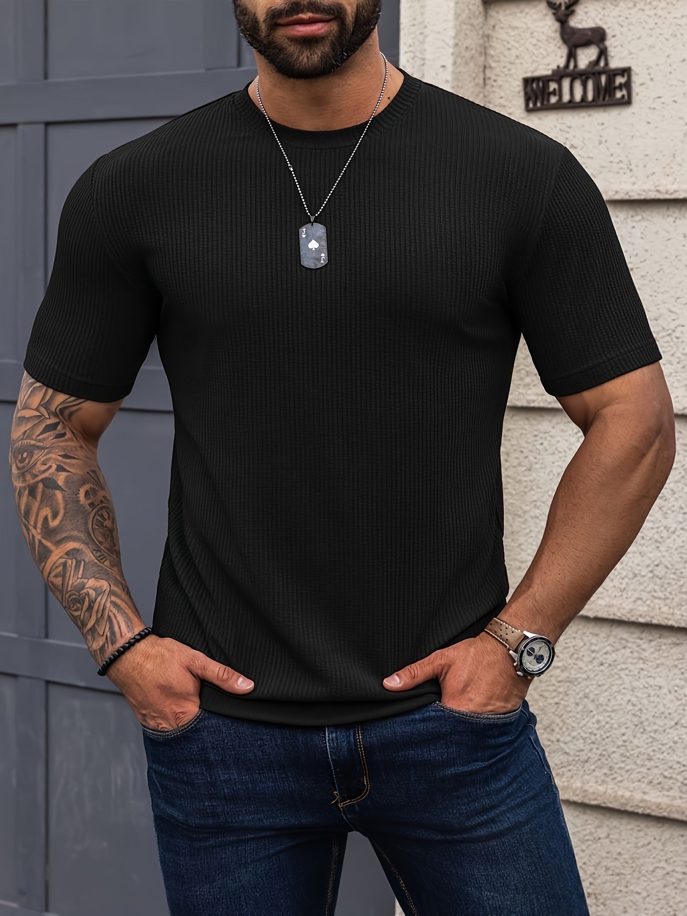 Camiseta * Listrada Sólida Masculina, Confortável De Manga Curta E Gola Redonda, Roupa Masculina Para O Verão Ao Ar Livre