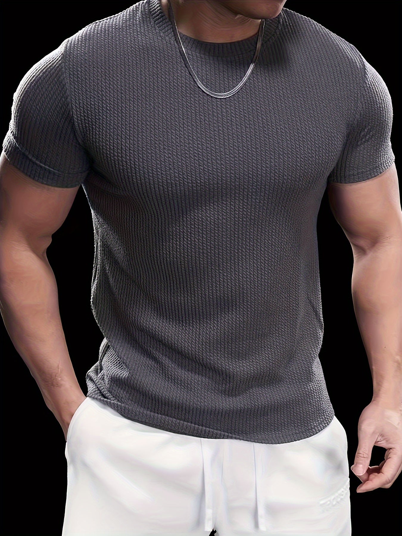 Camiseta * masculina de manga curta em malha canelada, design elegante, casual e estiloso, perfeita para o verão, ideal para academia e treinos de fitness.
