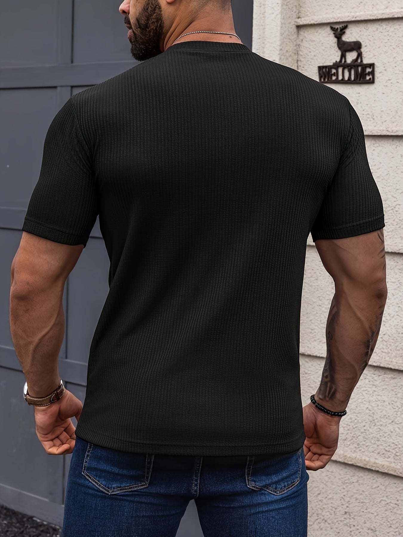 Camiseta * Listrada Sólida Masculina, Confortável De Manga Curta E Gola Redonda, Roupa Masculina Para O Verão Ao Ar Livre