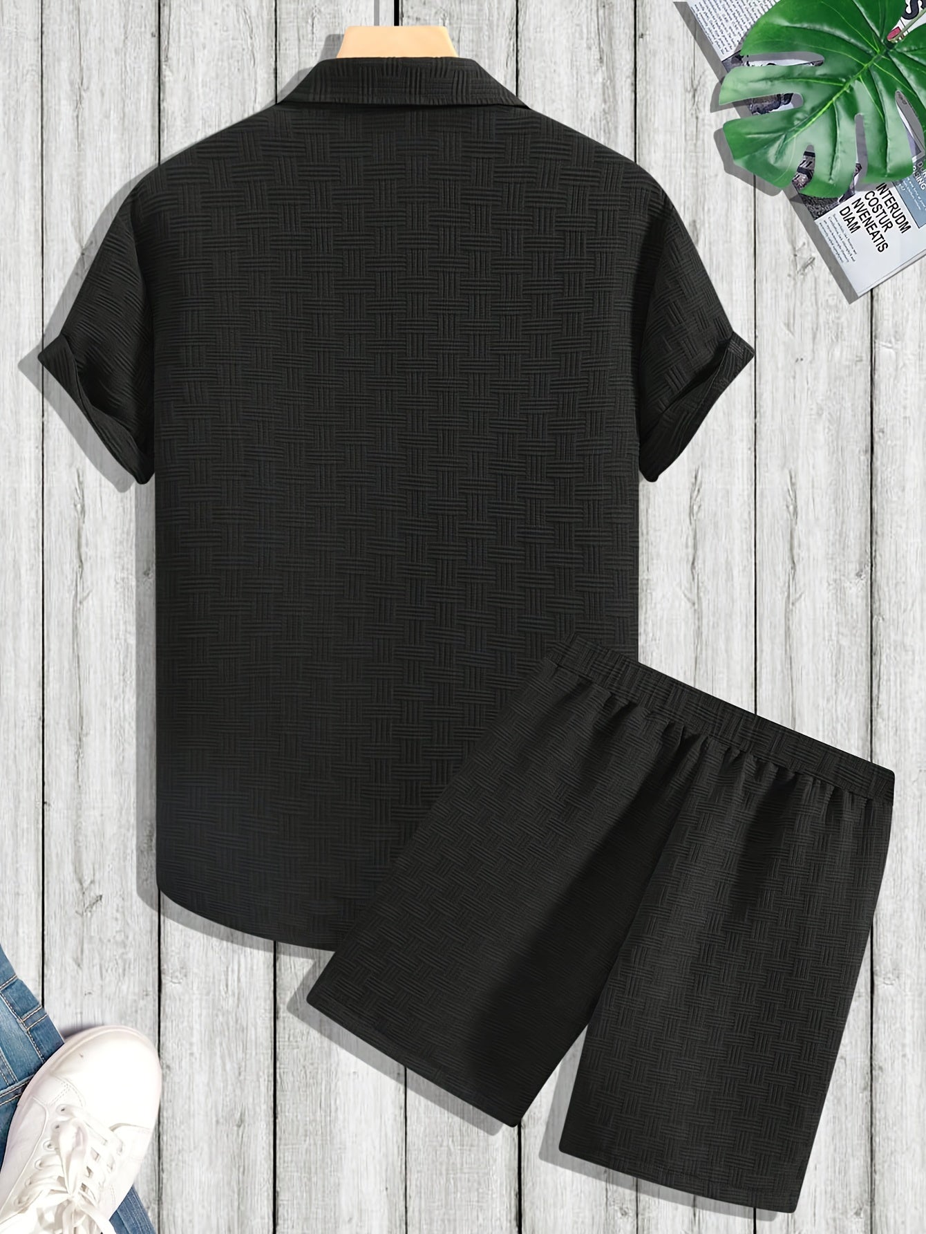 Camisa * e short, conjunto de 2 peças para atividades ao ar livre, com camisa de botão de manga curta com estampa xadrez e shorts com lapela.