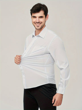 Camisa formal sólida de cor sólida para homens de tamanho grande, com micro elasticidade e mangas longas para reuniões e trabalho diário