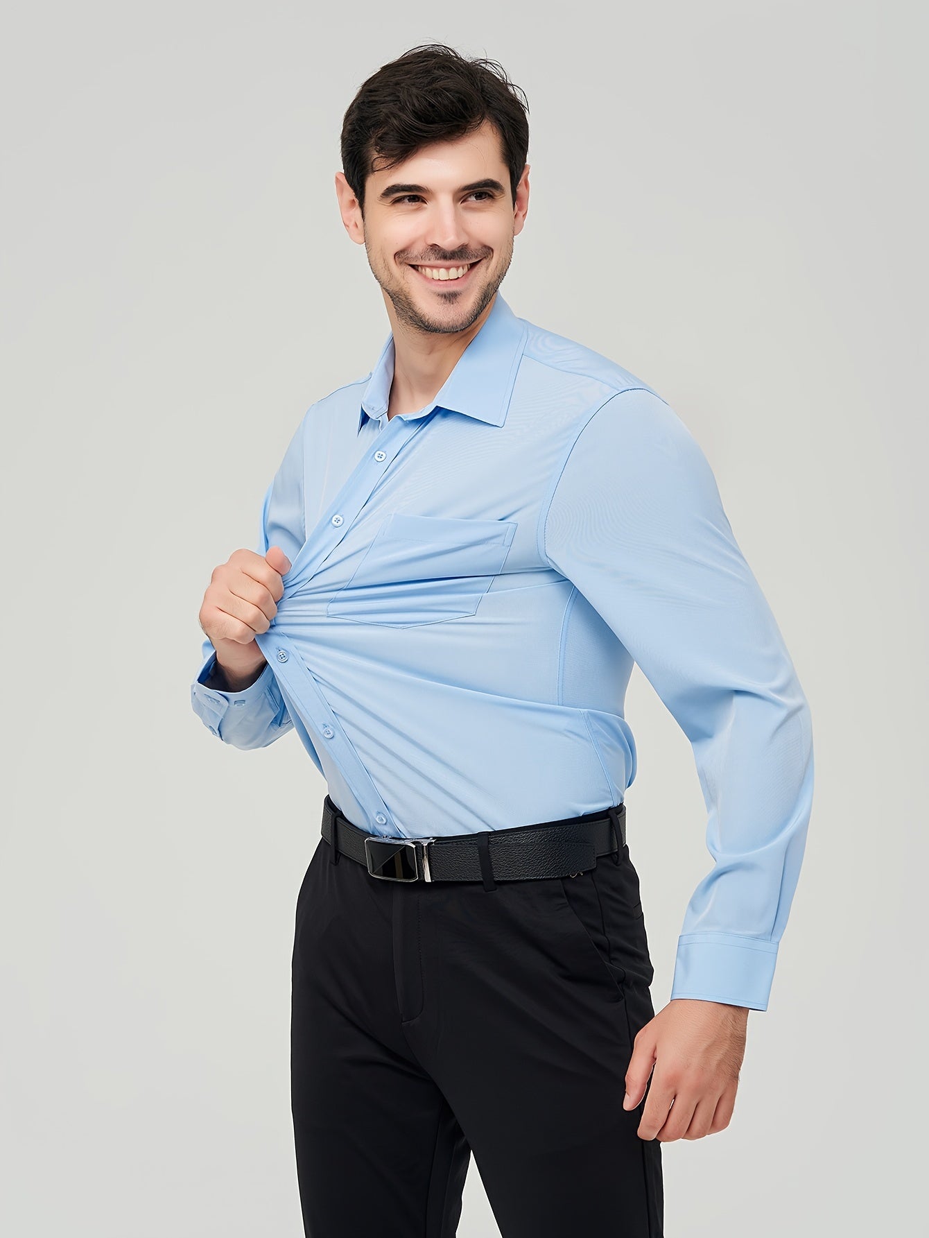 Camisa formal sólida de cor sólida para homens de tamanho grande, com micro elasticidade e mangas longas para reuniões e trabalho diário