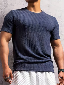 Camiseta * masculina de manga curta em malha canelada, design elegante, casual e estiloso, perfeita para o verão, ideal para academia e treinos de fitness.