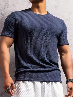Camiseta * masculina de manga curta em malha canelada, design elegante, casual e estiloso, perfeita para o verão, ideal para academia e treinos de fitness.