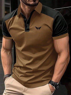 Manfinity Homme Camisa polo masculina com contraste de estampa de asa, colarinho gráfico de bloco de cores para trabalho, moda pai e filho