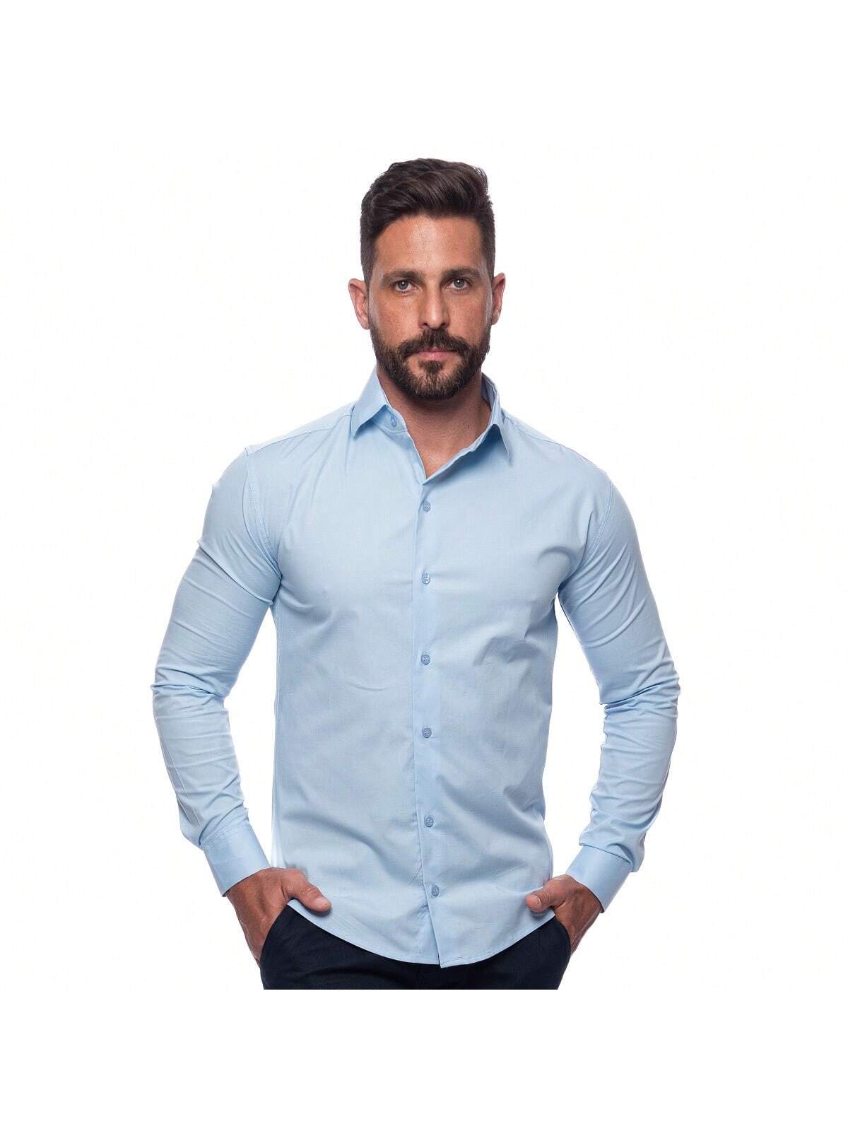 Camisa Masculina Manga Longa Lisa Acetinada Algodão com Elastano Slim