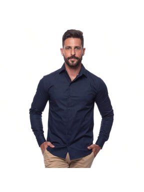 Camisa Masculina Manga Longa Lisa Acetinada Algodão com Elastano Slim