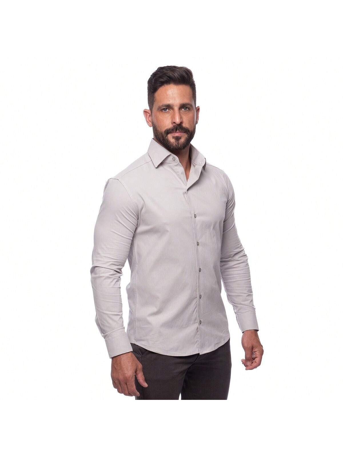 Camisa Masculina Manga Longa Lisa Acetinada Algodão com Elastano Slim