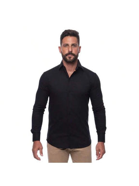 Camisa Masculina Manga Longa Lisa Acetinada Algodão com Elastano Slim