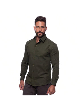 Camisa Masculina Manga Longa Lisa Acetinada Algodão com Elastano Slim