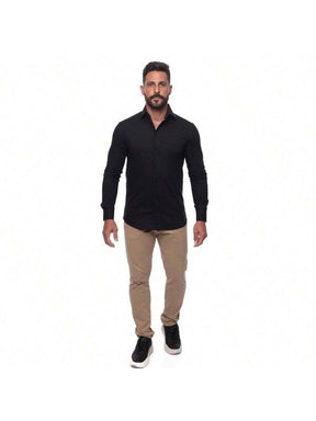 Camisa Masculina Manga Longa Lisa Acetinada Algodão com Elastano Slim