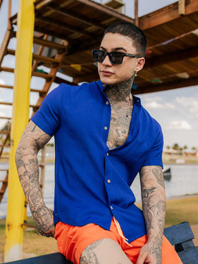 Camisa * Masculina Slim Gola Padre Manga Curta Aspecto Linho