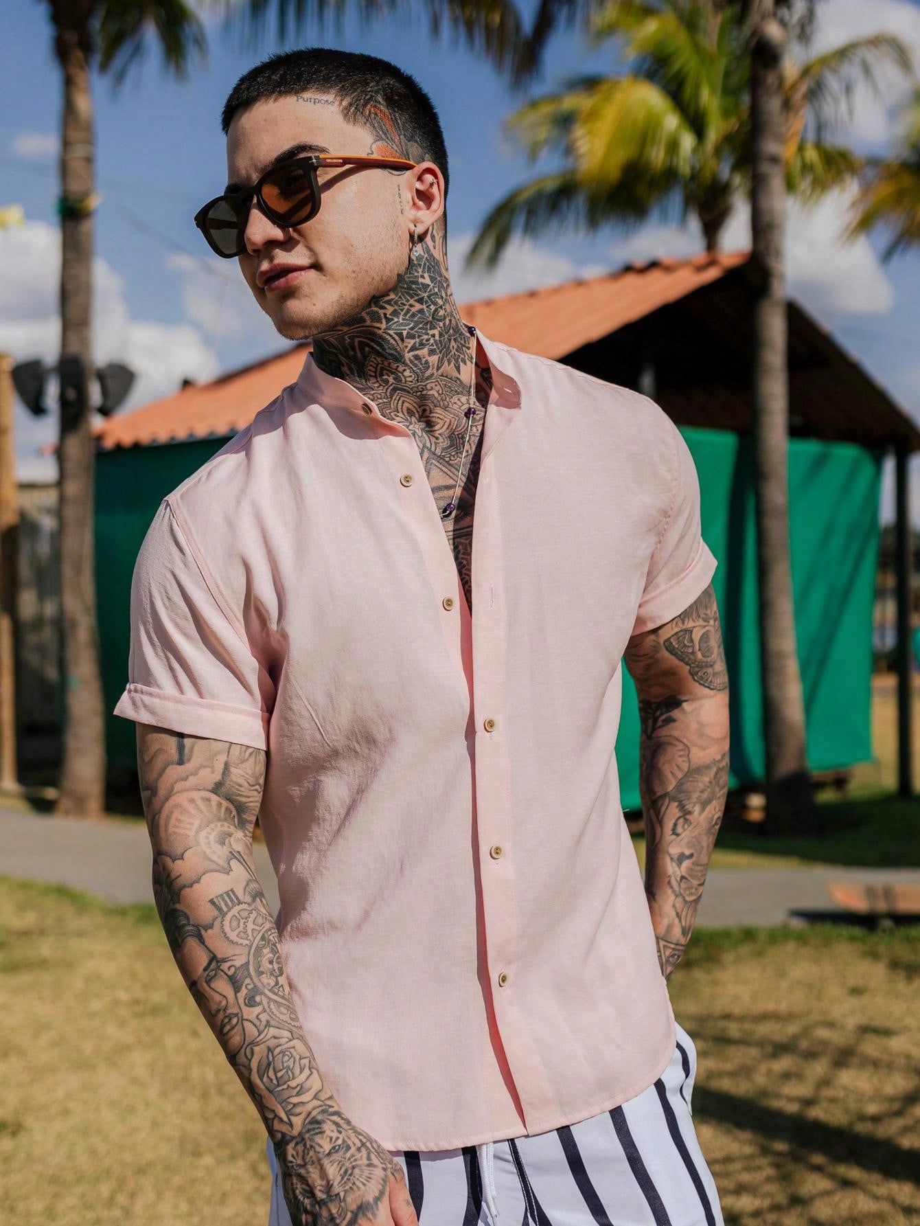 Camisa * Masculina Slim Gola Padre Manga Curta Aspecto Linho