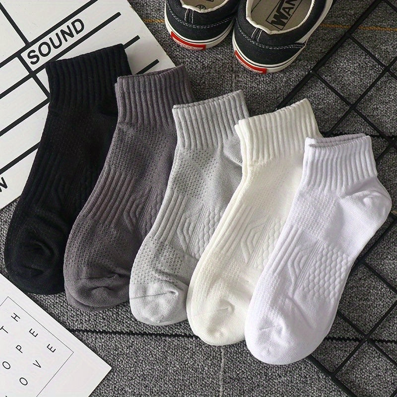 5 Pares de Meias de Algodão Sólido com Corte Baixo de Malha para Homens, Anti Odor & Absorção de Suor, Meias Respiráveis, Para Usar em Todas as Estações