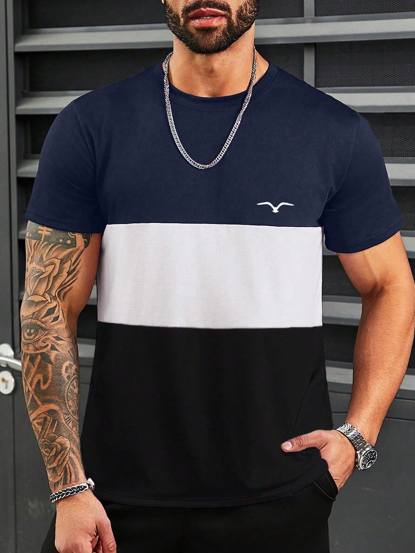 Manfinity Homme Camiseta Masculina Com Gola Redonda E Manga Curta Em Bloco Colorido