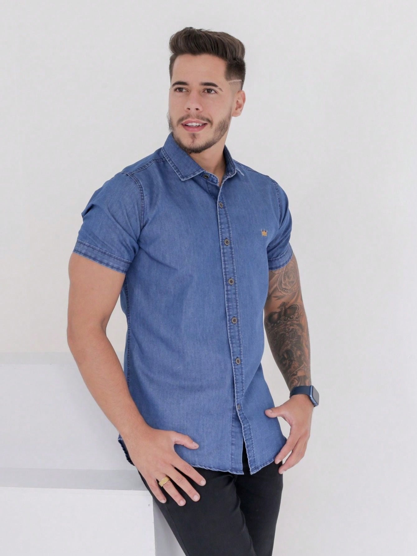 Camisa * jeans Masculina Social manga curta Premium Homens Slim fit