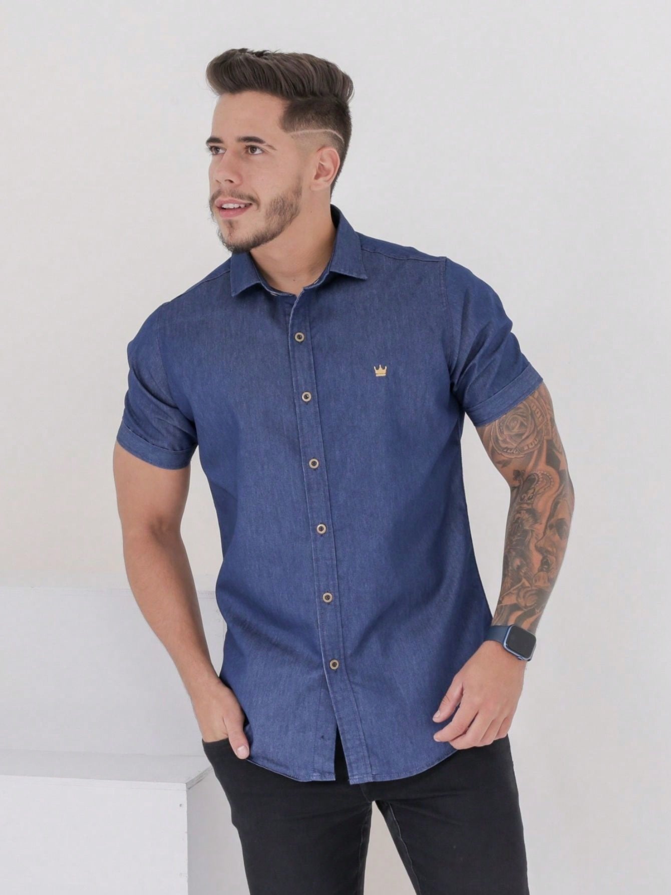 Camisa * jeans Masculina Social manga curta Premium Homens Slim fit