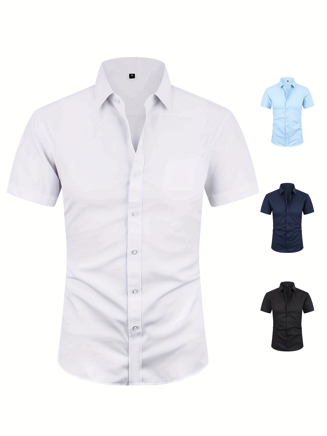 Camisas sociais masculinas com colarinho dobrável sólido, camisa de verão de manga curta casual com botões para ocasiões formais