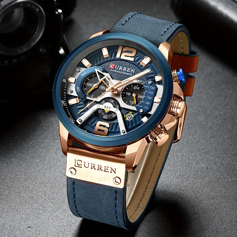 Relógio de pulso masculino CURREN Chronograph, estilo casual esportivo, com calendário analógico e pulseira de couro sintético