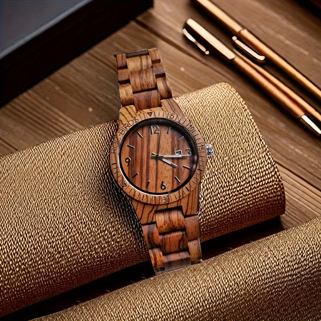 Relógio de pulso de quartzo para homens em madeira de zebrawood com calendário