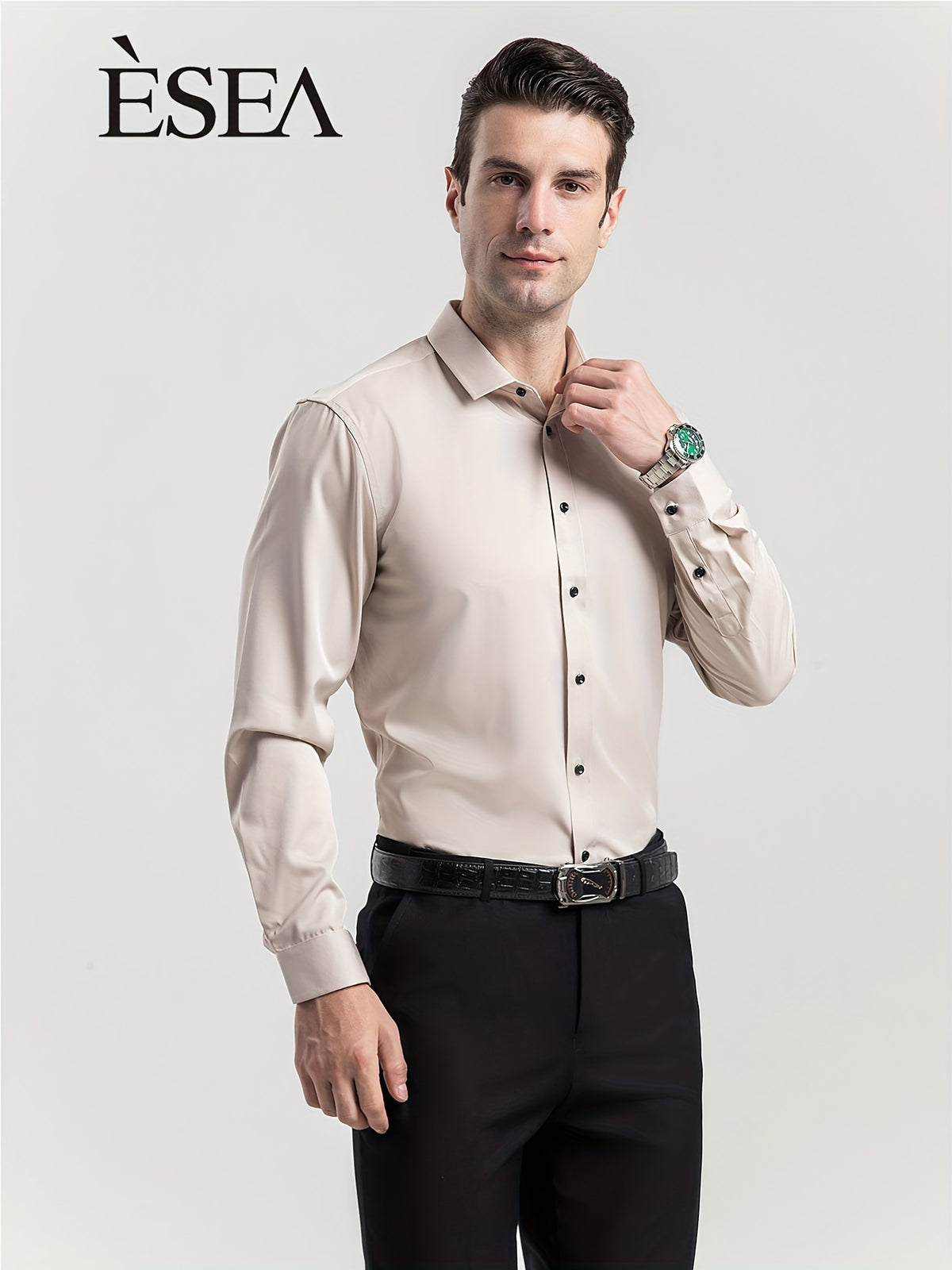 Camisa De Botão De Manga Longa E Ajuste Slim Para Ocasiões De Negócios, Primavera Outono Blusa Masculina