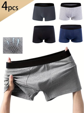 Conjunto de 4 cuecas boxer de algodão para homens, cores sólidas, confortáveis e respiráveis, shorts esportivos elásticos, roupas íntimas casuais e duráveis perfeitas para esportes e uso doméstico