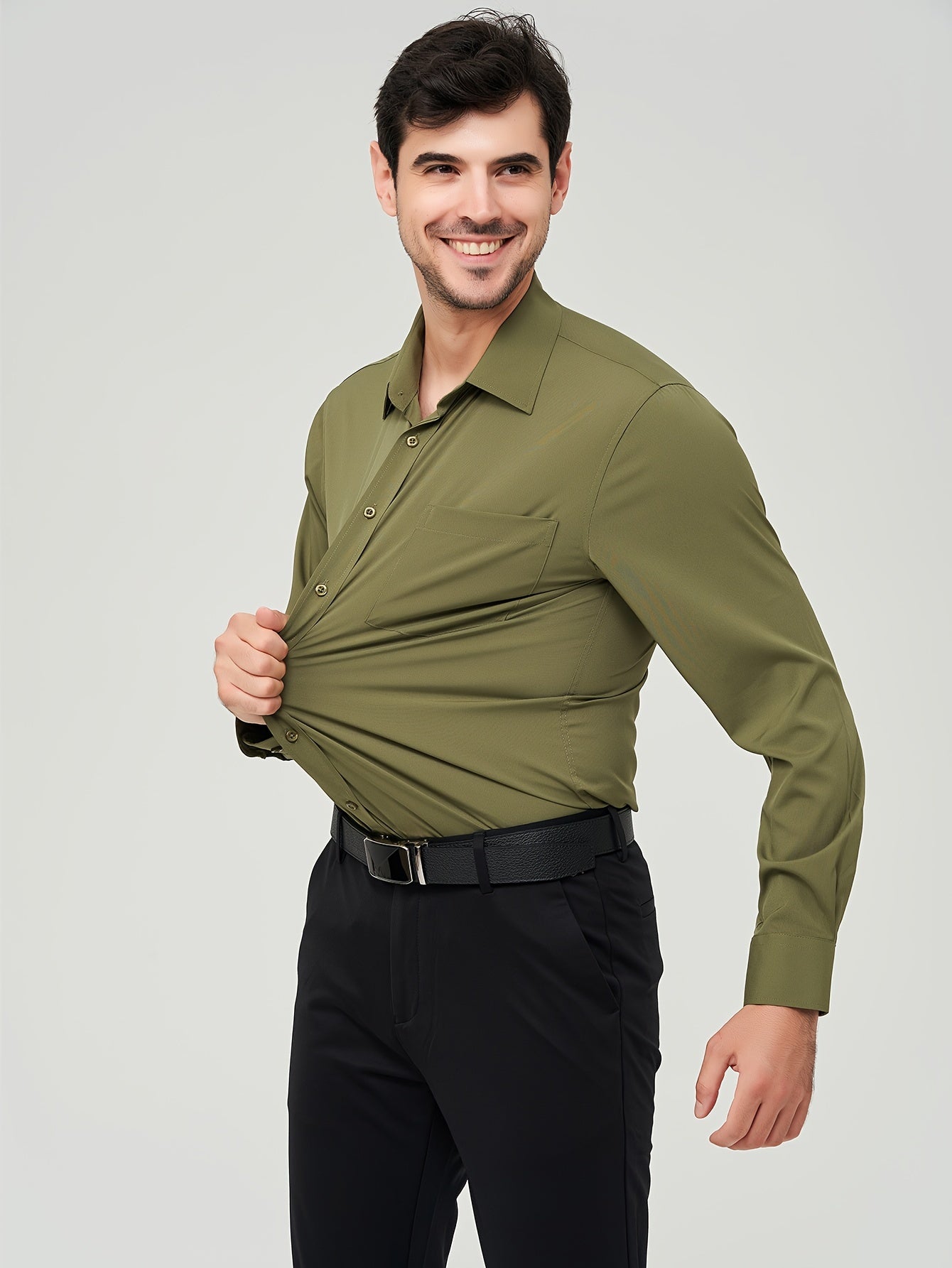 Camisa formal sólida de cor sólida para homens de tamanho grande, com micro elasticidade e mangas longas para reuniões e trabalho diário