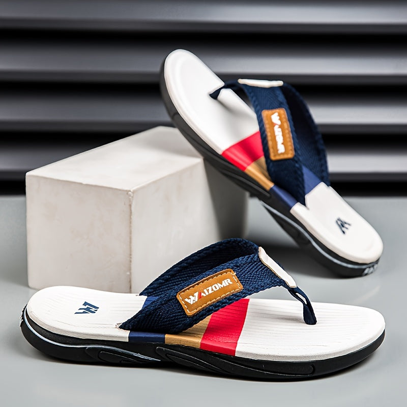 Chinelo masculino estiloso com bloco de cores, confortável, durável e antiderrapante, ideal para atividades ao ar livre no verão.