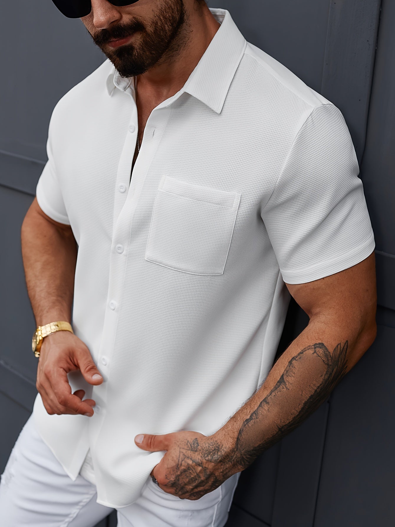 Camisa * masculina de manga curta e cor sólida com gola, camisa casual masculina para uso diário no verão e férias