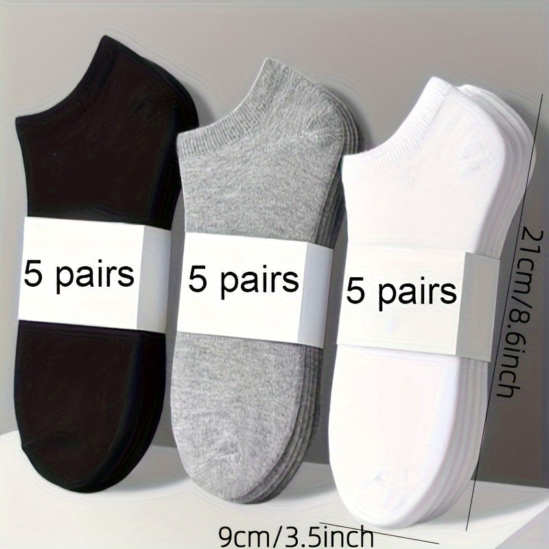 Conjunto de 15 pares de meias masculinas de algodão em cores sólidas, anti odor e absorção de suor, modelo invisível, confortáveis e respiráveis, para uso diário