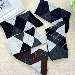 5 Pares de Meias Argyle Grossas de Outono e Inverno para Homens, Quentes e Confortáveis, Meias de Tripulação, Respiráveis, Casuais e Estilosas