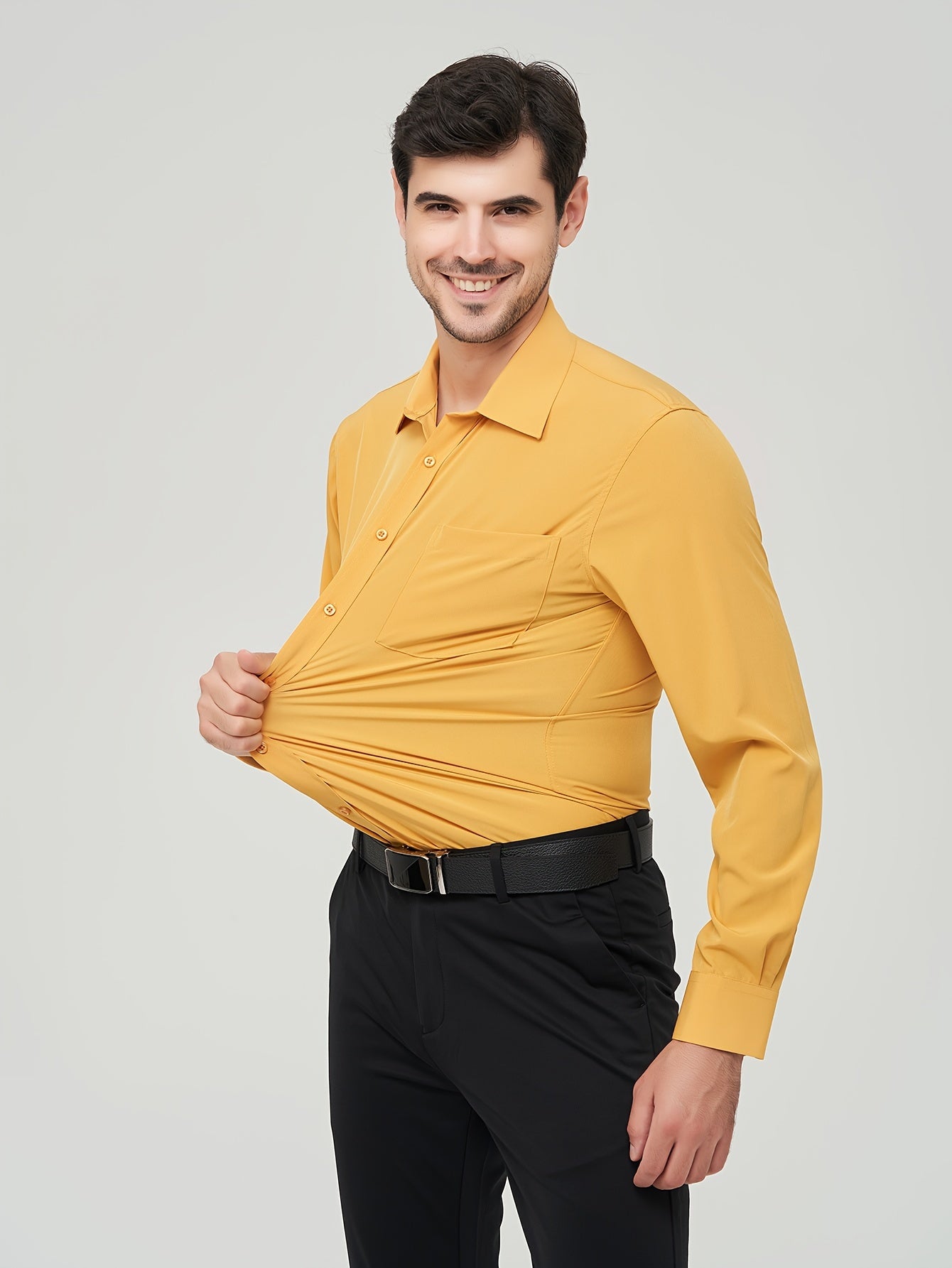 Camisa formal sólida de cor sólida para homens de tamanho grande, com micro elasticidade e mangas longas para reuniões e trabalho diário