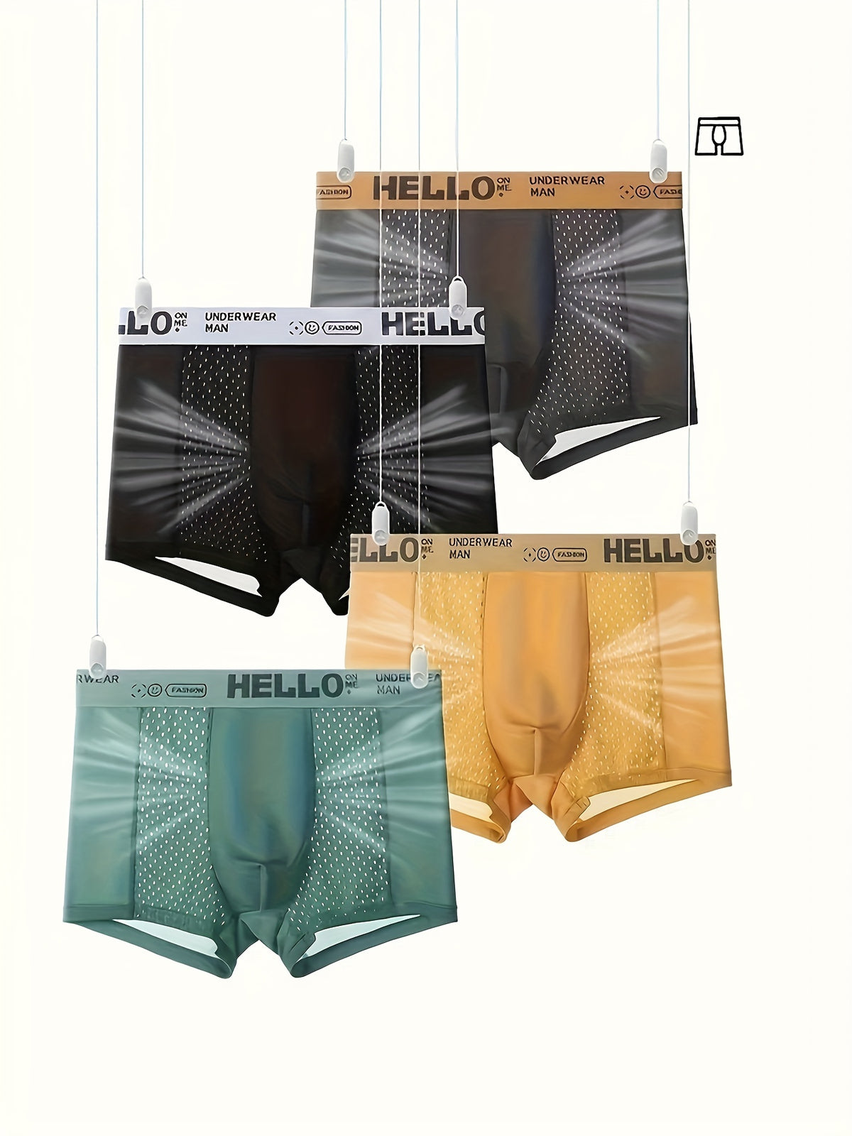 Conjunto De 4 Cuecas Boxer Masculinas Com Letras HELLO, Em Tecido De Seda Gelada E Meio De Malha, Confortáveis E Elásticas, Ideais Para Esportes.