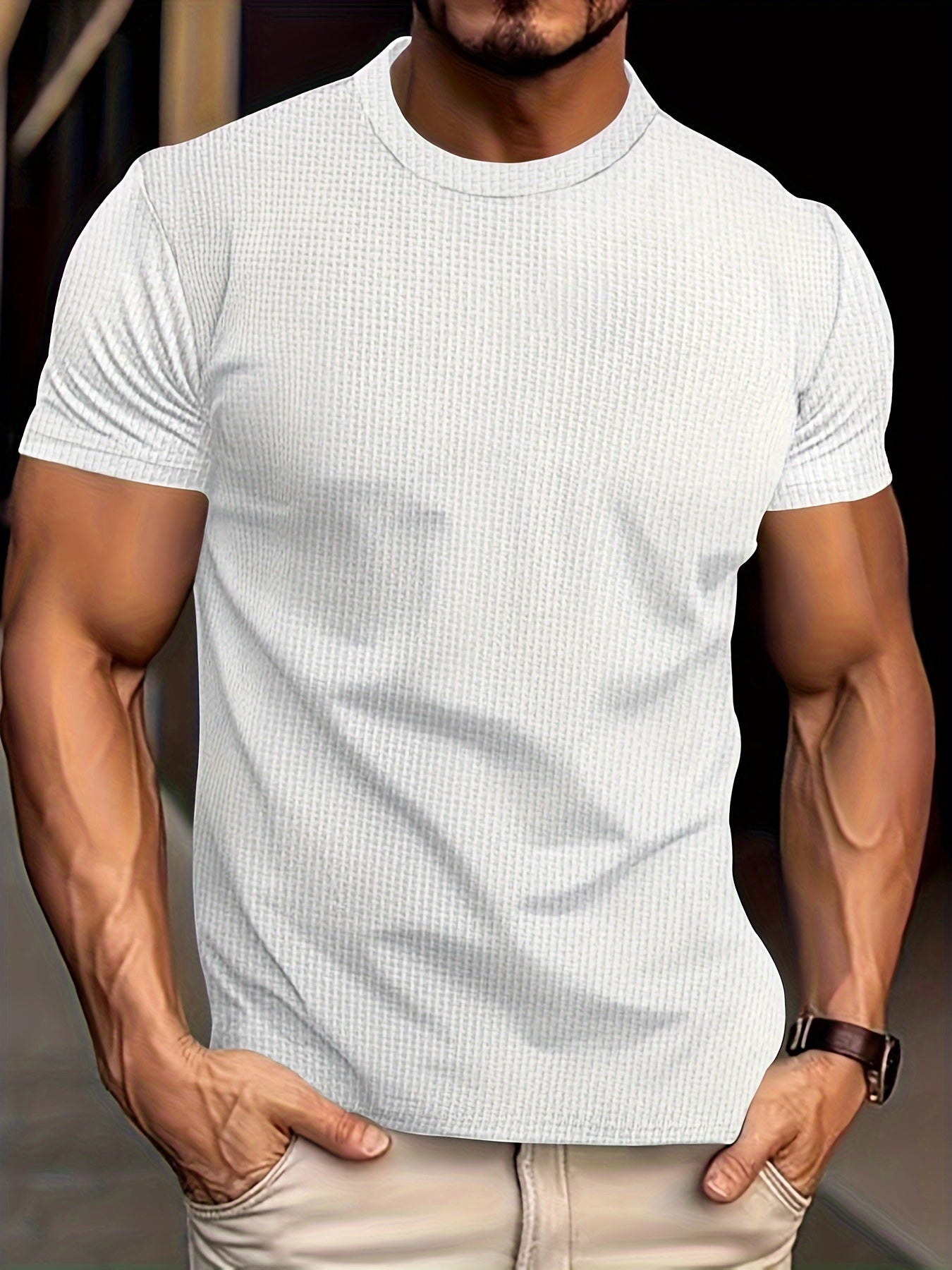 Camiseta masculina de manga curta com gola redonda e cor sólida, tops casuais e respiráveis para uso diário no verão e prática de esportes ao ar livre