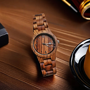 Relógio de pulso de quartzo para homens em madeira de zebrawood com calendário