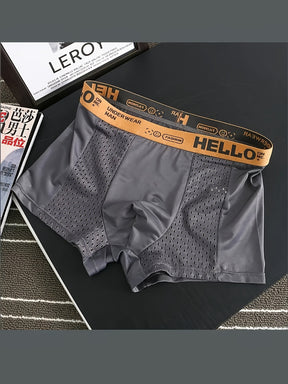 Conjunto De 4 Cuecas Boxer Masculinas Com Letras HELLO, Em Tecido De Seda Gelada E Meio De Malha, Confortáveis E Elásticas, Ideais Para Esportes.