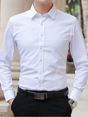 Camisa social masculina, confortável e formal, com lapela e botões, manga longa, para festas/casamentos/formais.