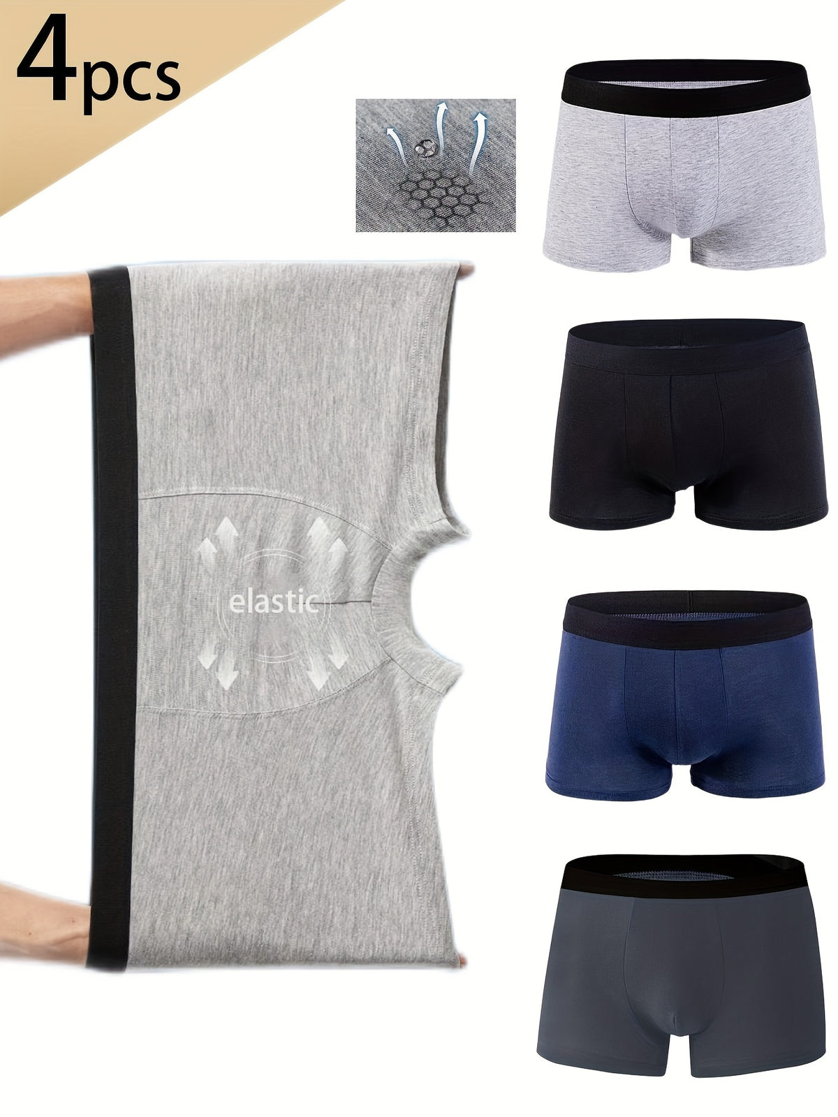 Conjunto de 4 cuecas boxer de algodão para homens, cores sólidas, confortáveis e respiráveis, shorts esportivos elásticos, roupas íntimas casuais e duráveis perfeitas para esportes e uso doméstico