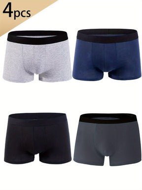 Conjunto de 4 cuecas boxer de algodão para homens, cores sólidas, confortáveis e respiráveis, shorts esportivos elásticos, roupas íntimas casuais e duráveis perfeitas para esportes e uso doméstico