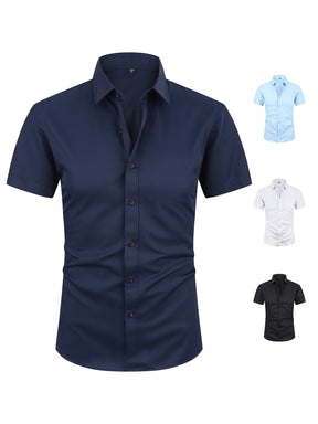 Camisas sociais masculinas com colarinho dobrável sólido, camisa de verão de manga curta casual com botões para ocasiões formais