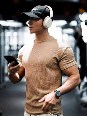 Camiseta * masculina de manga curta em malha canelada, design elegante, casual e estiloso, perfeita para o verão, ideal para academia e treinos de fitness.