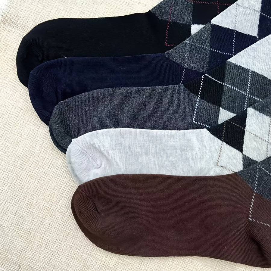 5 Pares de Meias Argyle Grossas de Outono e Inverno para Homens, Quentes e Confortáveis, Meias de Tripulação, Respiráveis, Casuais e Estilosas