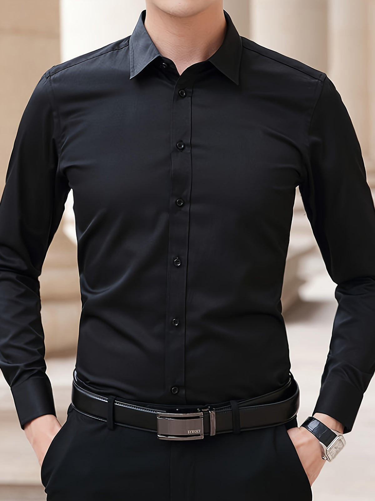 Camisa social masculina, confortável e formal, com lapela e botões, manga longa, para festas/casamentos/formais.