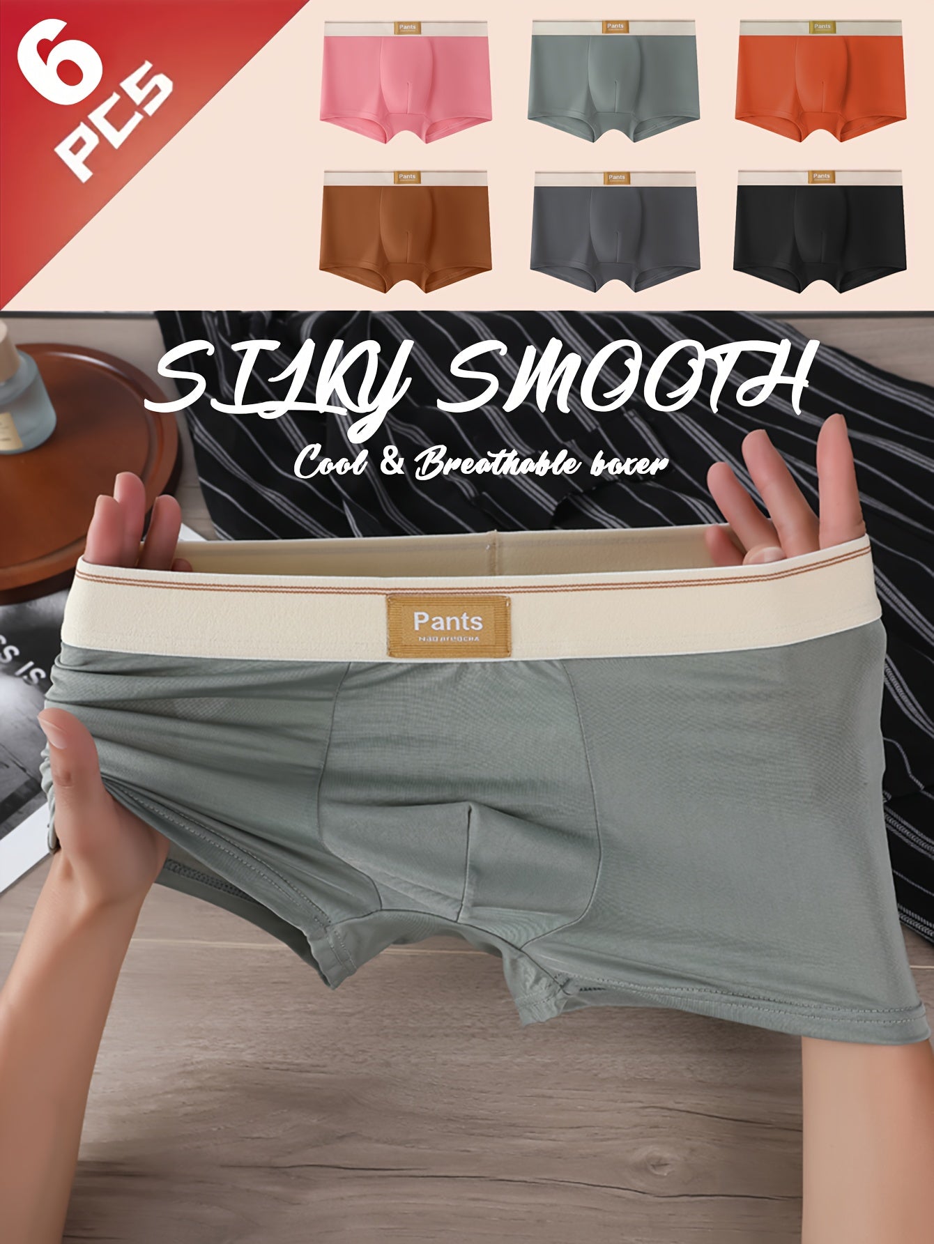 Conjunto de cuecas boxer confortáveis, antibacterianas e de secagem rápida - Série de alta qualidade e elegância - 6 peças de cores sólidas e elásticas para homens