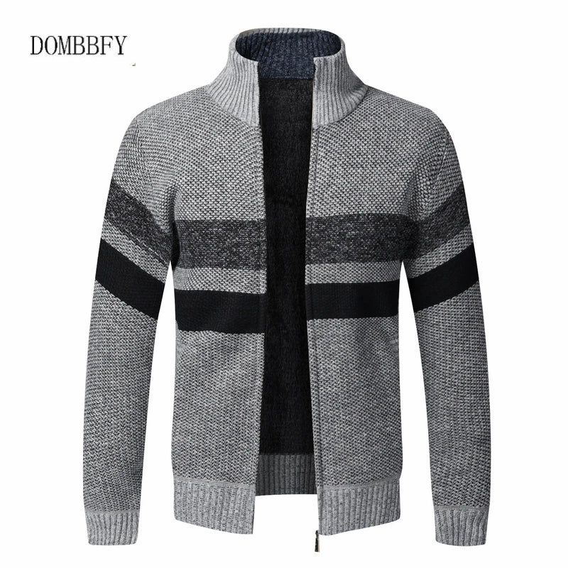 Autumn Winter Patchwork Sweaters Men Thick Warm Cardigan Cashmere Coat Jumpers Casual Stand Collar Knitted Zipper Sweater Jacket