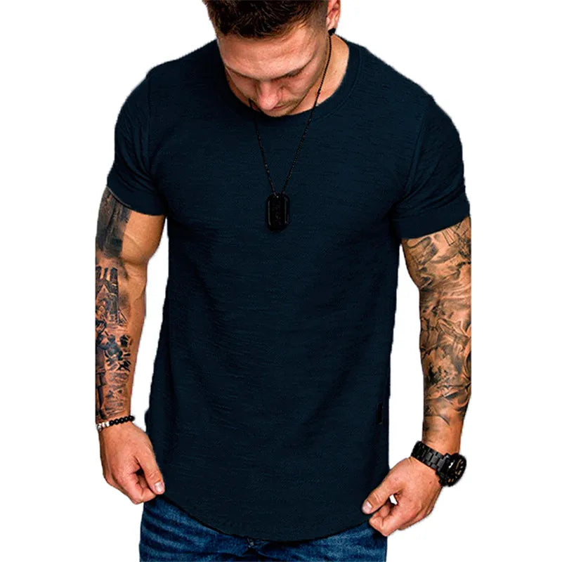 Short Sleeve shirt  Streetwear Hip Hop Summer T Shirt Men Longline Curved Hem Fitness Tshirt Slim Funny T-Shirt Plus Size M-3XL