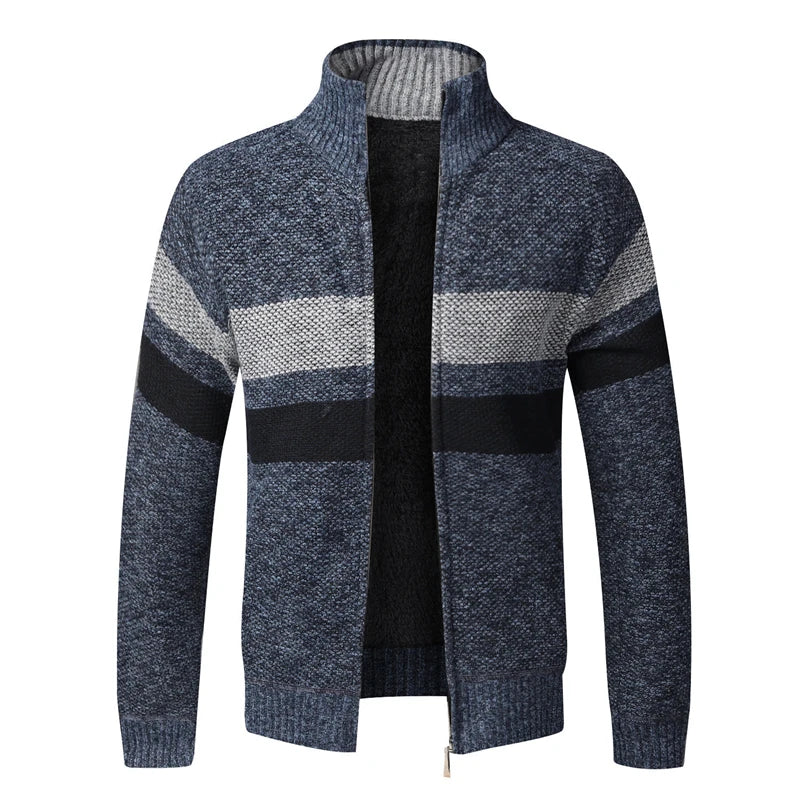 Autumn Winter Patchwork Sweaters Men Thick Warm Cardigan Cashmere Coat Jumpers Casual Stand Collar Knitted Zipper Sweater Jacket