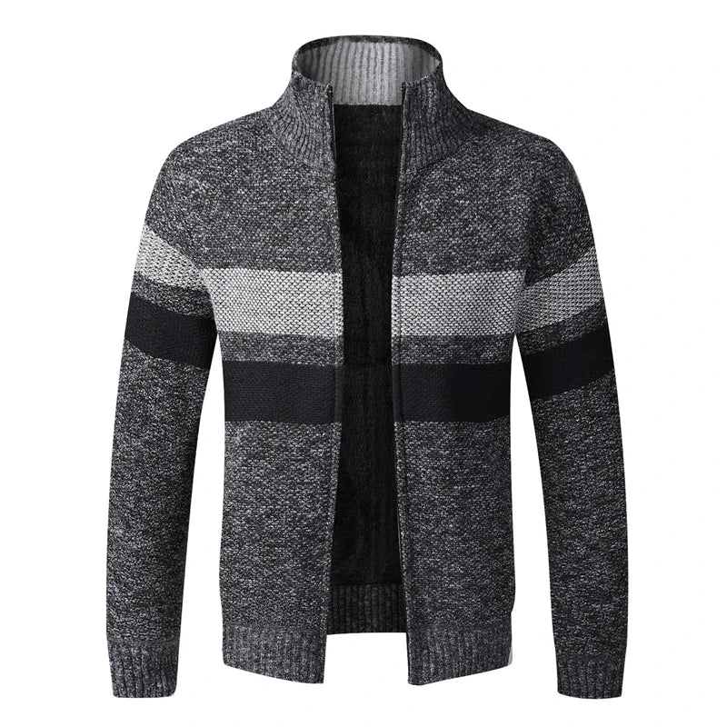 Autumn Winter Patchwork Sweaters Men Thick Warm Cardigan Cashmere Coat Jumpers Casual Stand Collar Knitted Zipper Sweater Jacket