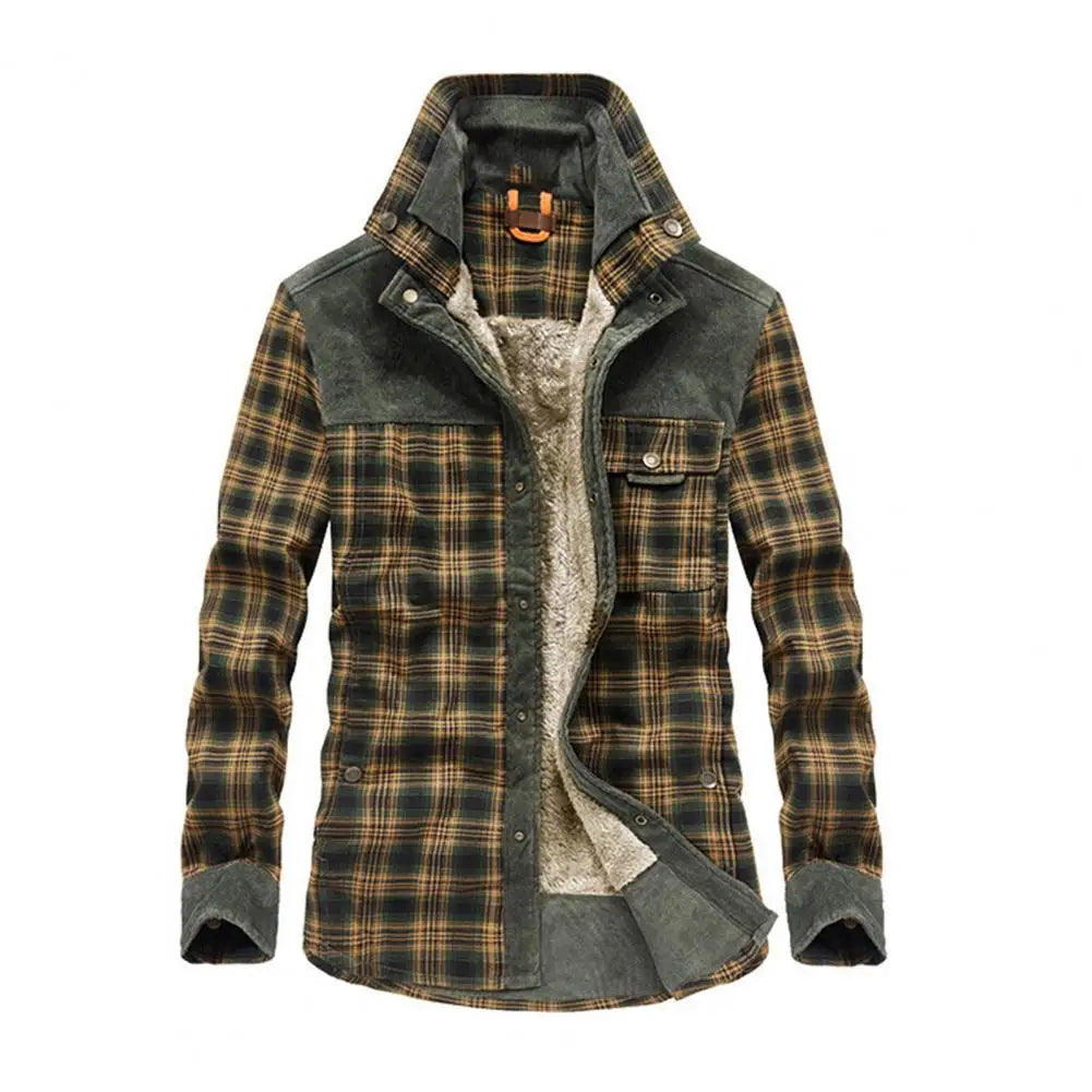 Men Winter Shirts Jackets Hooded Lapel Long Sleeve Plaid Pockets Single Breasted Coat Thickened Fleece Lining Cotton Outerwear